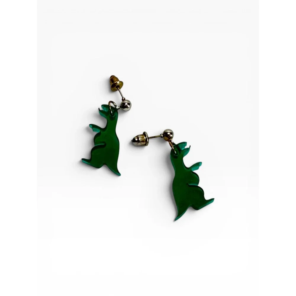 Novelty Dinosaur Drop Earrings Gold Tone w/Green Acrylic T-Rex Quirky Fun
